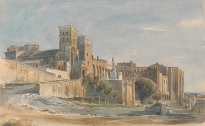 The Cathedral and Palace of the Popes, Avignon, 1836 (wc med utskrapning över penna på papper)